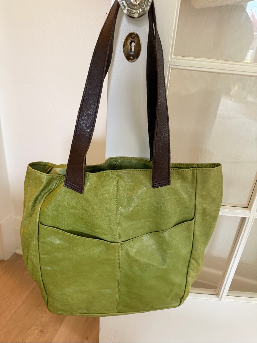Women’s Ellington Olive Green Leather Tote Bag with Dark Brown Straps